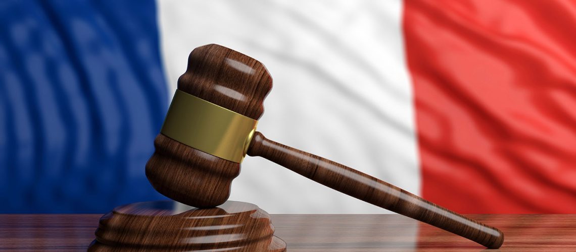 Auction gavel on France flag background. 3d illustration